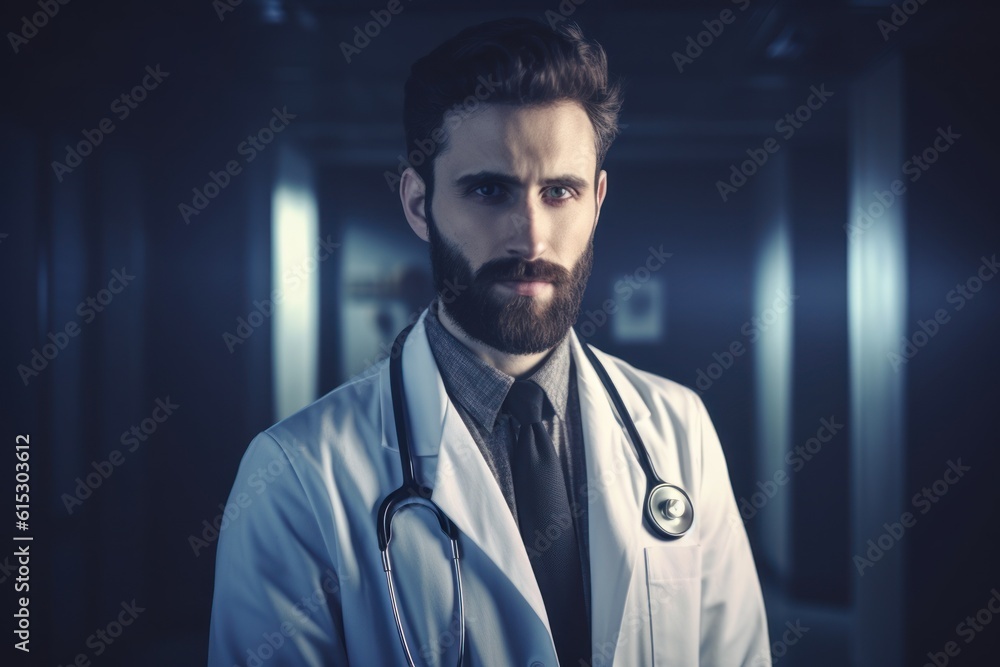 Portrait of serious male doctor looking at camera while standing in hospital corridor, Generative AI Portrait of serious male doctor looking at camera while standing in hospital corridor, Generative AI