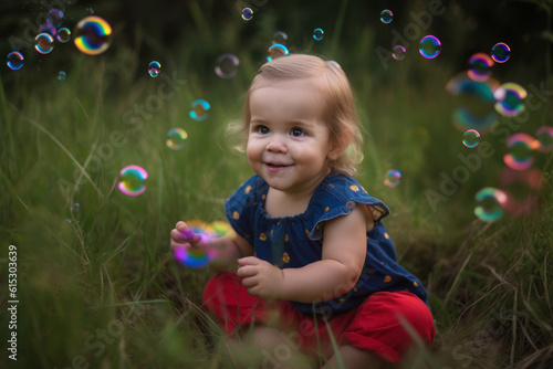 cute little girl playing with soap bubbles in the meadow. Generative AI