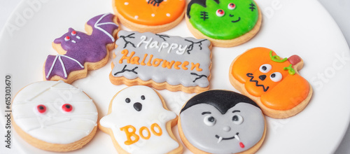 Happy Halloween with funny Cookies; Pumpkin, scary ghost, spooky mummy, bat, frankenstein, dracula and spider. Trick or Threat, Hello October, fall autumn, Traditional, party and holiday concept