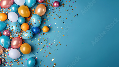 Colorful balloons and confetti on blue table top view. Generative Ai