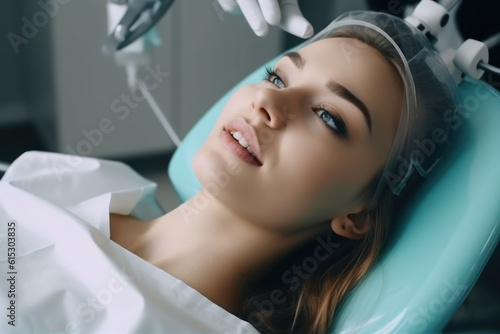 Close-up portrait of a young female patient in a dental office. Generative AI