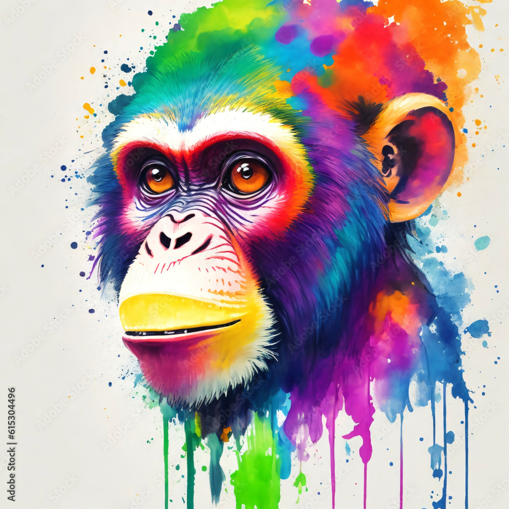 Portrait of a monkey, colorful inksplash art