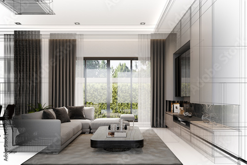 cozy living room interior design, 3d rendering