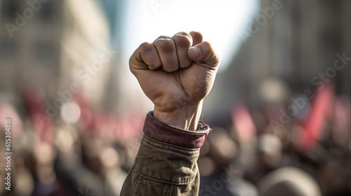A raised fist of a protestor at a political demonstration. Generative Ai