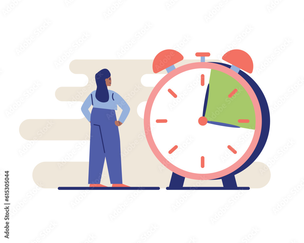 Female standing near big clock and looking at time. Successfully time management concept. Counting time and waiting for events. Flat vector illustration in blue and red colors