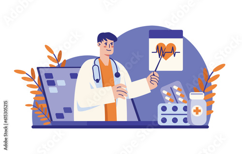 Male doctor in white coat pointing to heart chart and providing online medical help. Professional online medicine. Modern healthcare services via video call meeting. Vector flat illustration