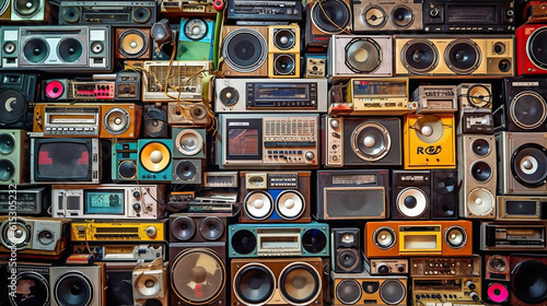 Vintage wall full of radio boombox of the 80s. Generative Ai