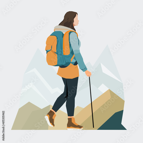 Young woman hiking in mountains with equipment. Vector illustration.