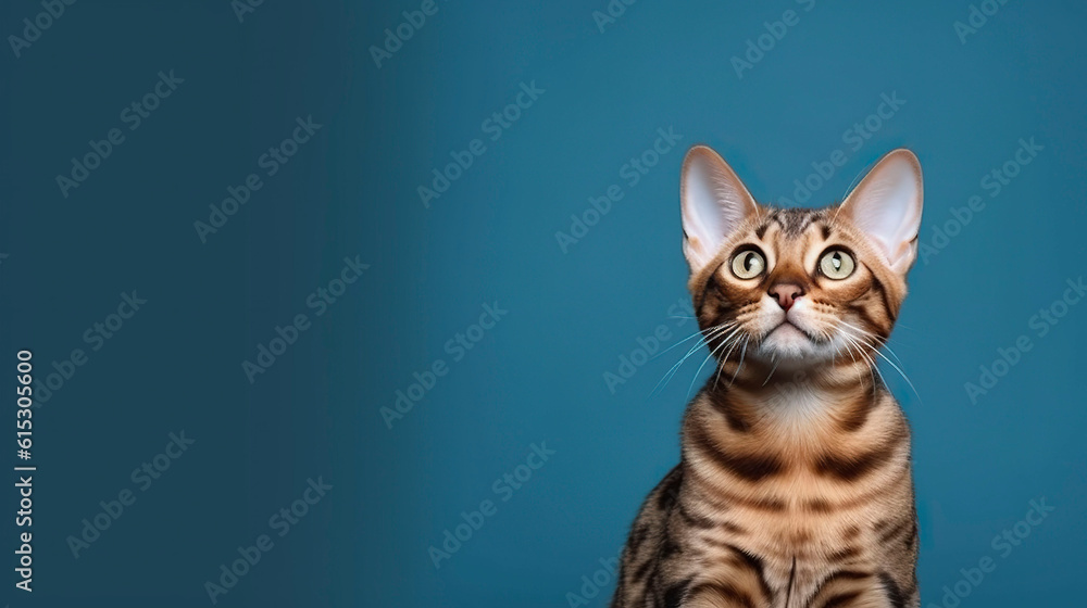 Bengal cat on blue background, copy space. Generative AI.