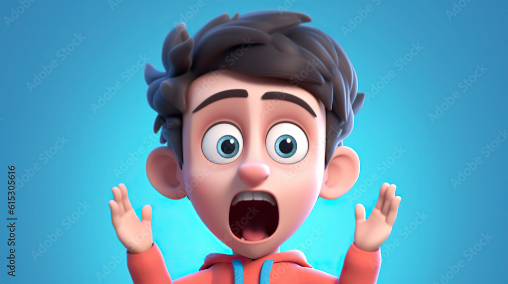 3d cartoon boy surprised. Copy space, background. Generative AI. 3d cartoon boy surprised. Copy space, background. Generative AI.