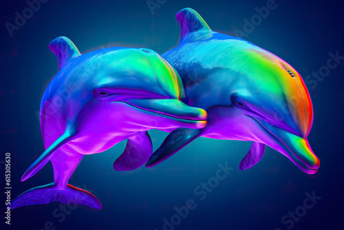 A pair of dolphins in neon colors. Generative AI.