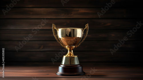 champion golden trophy placed on wooden table with dark background. Generative Ai