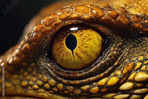 Close up of the yellow eye of a scaly reptile. Generative AI © kardaska