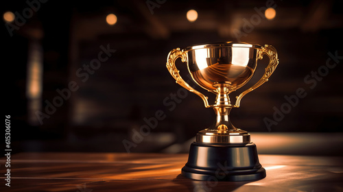 champion golden trophy placed on wooden table with dark background. Generative Ai