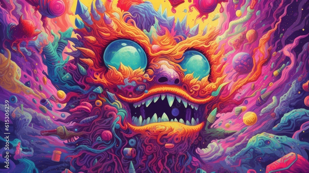 Colorful psychedelic portrait of a monster in the moonlight