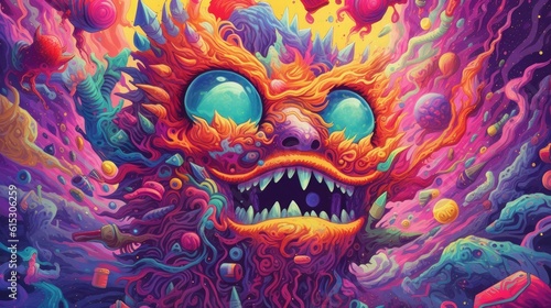 Colorful psychedelic portrait of a monster in the moonlight