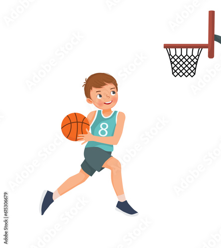 Cute little boy with sport wear jumping in action shooting basketball to the rim
