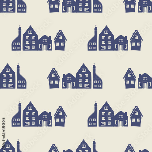 Masculine block print house vector pattern. Seamless sketchy city street organic style for rustic tile.  photo