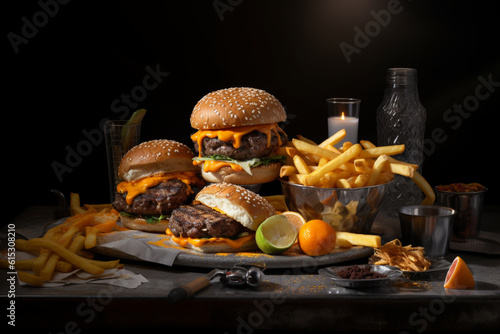 burger on wooden table decorate with french fries