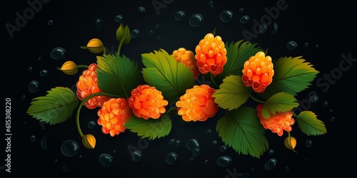 Fresh Organic Cloudberry Berry On Dark Background, Horizontal Trendy Illustration. Healthy Vegetarian Diet. Ai Generated Bright Trendy Illustration with Delicious Juicy Cloudberry Berry.