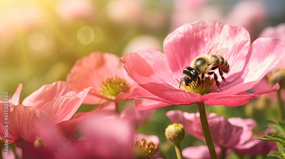 Beautiful pink flowers anemones on meadow and flying bumblebee Beautiful pink flowers anemones on meadow and flying bumblebee