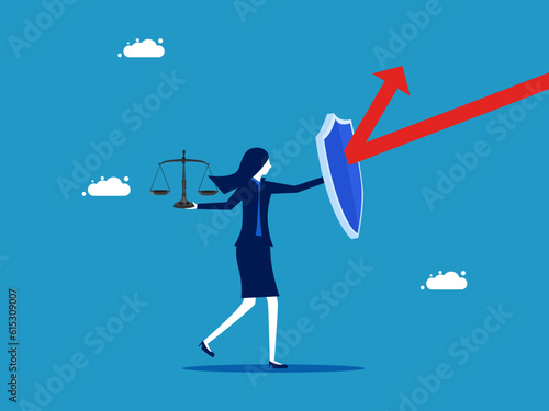 Protect business justice. Businesswoman with shield protecting scales from arrow attack vector