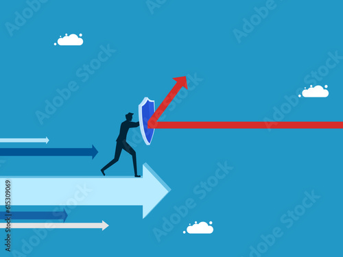 Against the trend or different. man holding shield on arrow moving forward vector © Nastudio