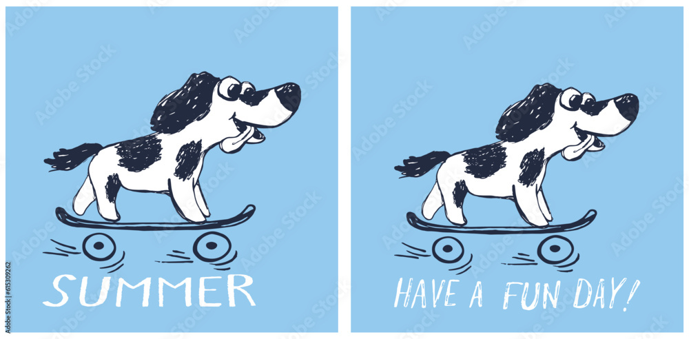 Dog on skateboard funny cool summer t-shirt print design. Poppy skater in skatepark.