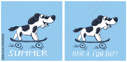 Dog on skateboard funny cool summer t-shirt print design. Poppy skater in skatepark.