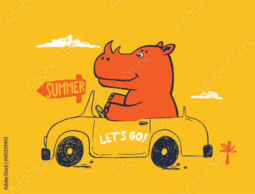 Rhinoceros on car funny cool summer t-shirt print design. Road trip on automobile. Slogan. Drive vacation