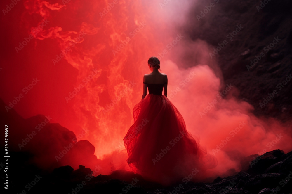 Woman in beautiful flowing dress outlined against the power of a volcanic lava flow Woman in beautiful flowing dress outlined against the power of a volcanic lava flow