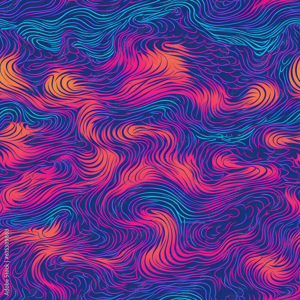 Fototapeta premium Seamless Pattern of Neon and Blue Waves. Generative AI.