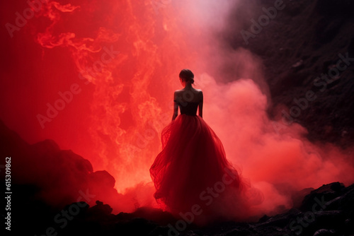 Woman in beautiful flowing dress outlined against the power of a volcanic lava flow