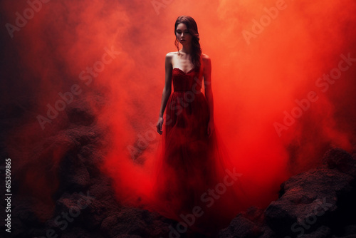 Woman in beautiful dark red dress outlined against the power of glowing volcanic steam