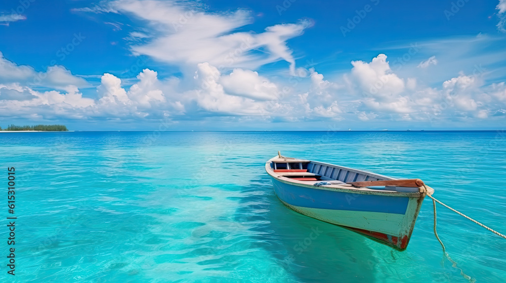 Boat in turquoise ocean water against blue sky
