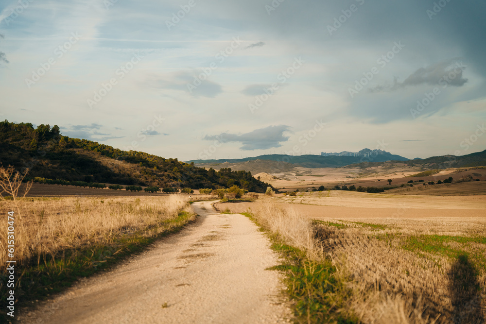 NAVARRE, SPAIN - OCTOBER 2022 pilgrim walking in French Way Camino Frances to Santiago de Compostela NAVARRE, SPAIN - OCTOBER 2022 pilgrim walking in French Way Camino Frances to Santiago de Compostela