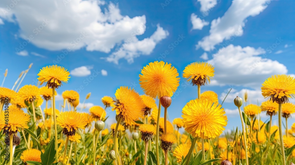 Fototapeta premium Many yellow dandelion flowers on meadow in nature
