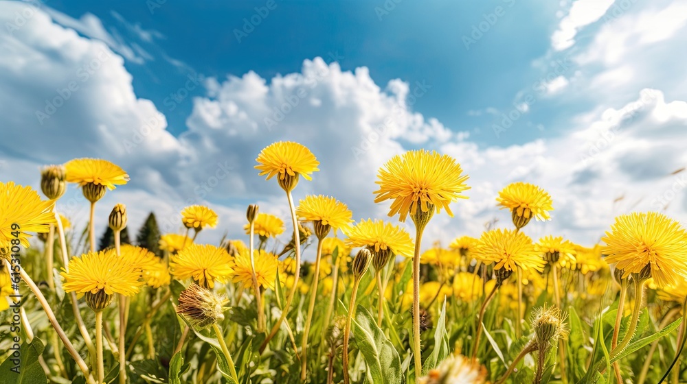 Many yellow dandelion flowers on meadow in nature Many yellow dandelion flowers on meadow in nature