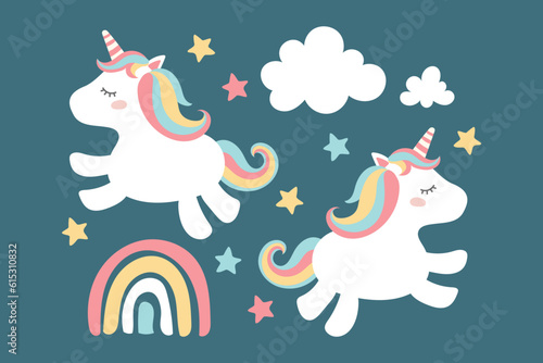 magical cute unicorn with clouds, stars and rainbow, nursery art doodle vector illustration