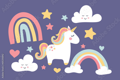 magical cute unicorn with clouds  stars and rainbow  nursery art doodle vector illustration