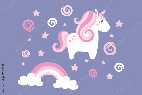 magical cute unicorn with clouds, stars and rainbow, nursery art doodle vector illustration