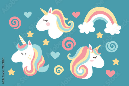 magical cute unicorn with clouds  stars and rainbow  nursery art doodle vector illustration