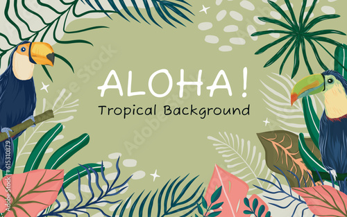 Toucan bird and tropical leaves background Illustration