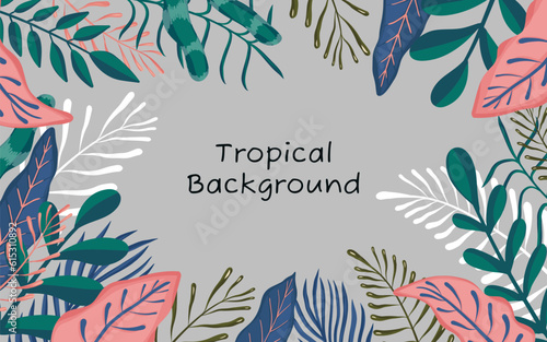 Colorful tropical leaves flat design background illustration