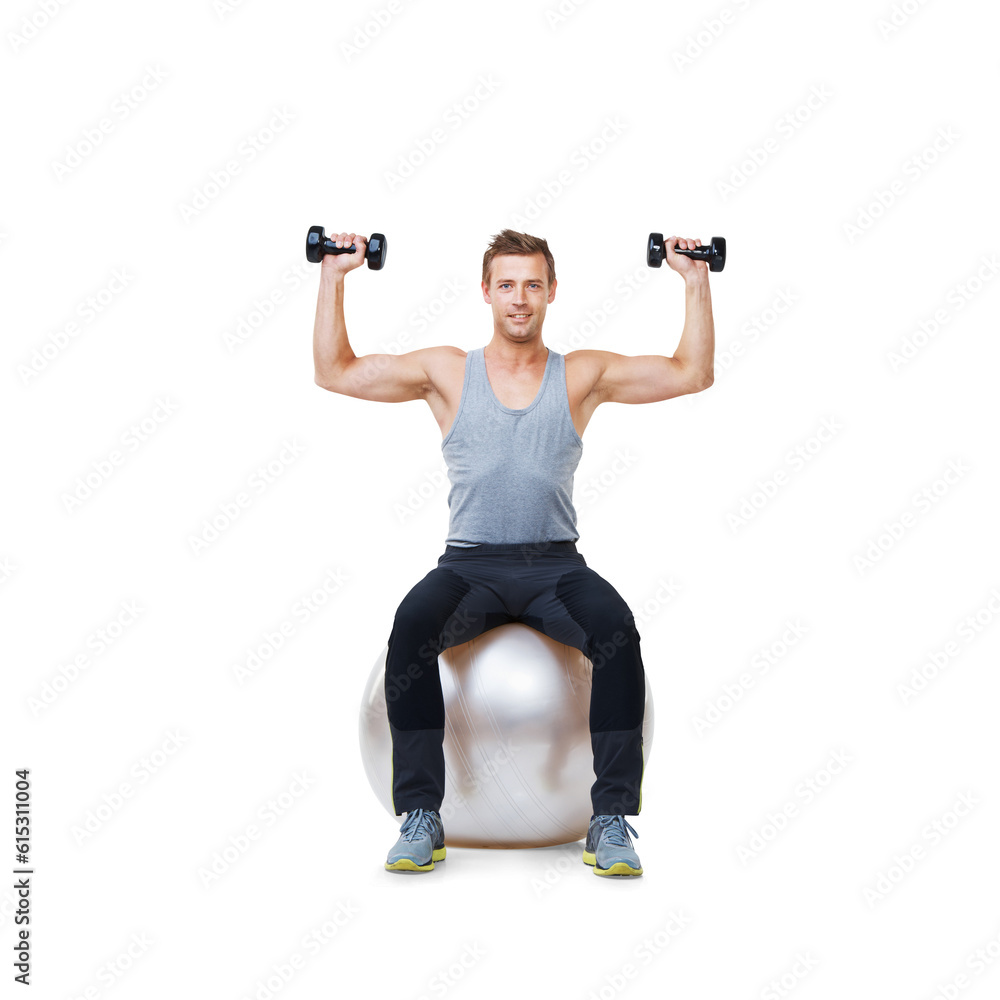 Man, exercise ball and dumbbell workout for strong muscle and healthy training with fitness. Male person, pilates, athlete body weightlifting with equipment isolated on transparent, png background Man, exercise ball and dumbbell workout for strong muscle and healthy training with fitness. Male person, pilates, athlete body weightlifting with equipment isolated on transparent, png background