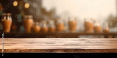 This stunning coffee shop photograph featuring a cozy shelf and table setup, perfect for a cafe or restaurant decor. The bokeh effect in the background adds a touch of magic to the scene