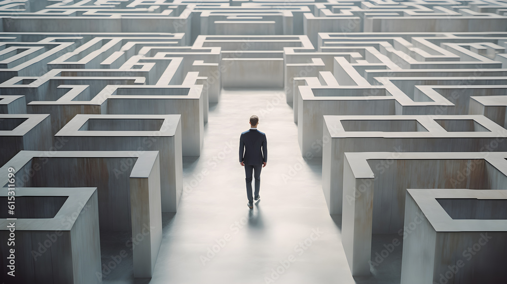 Businessman walking in maze cement to find way out. Generative AI Businessman walking in maze cement to find way out. Generative AI