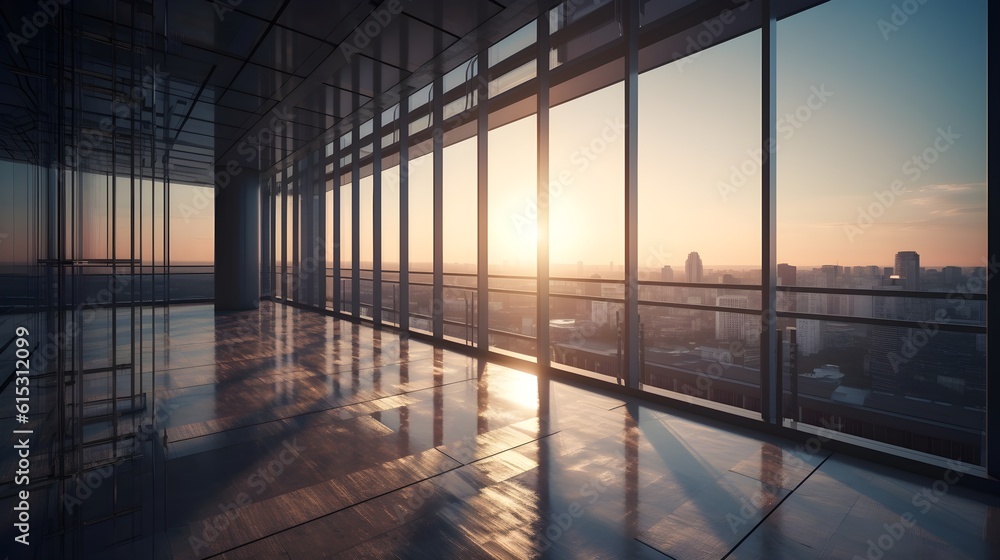 Large empty open space office or apartment loft high rise building with glass window surround it with city view beautiful evening city sunset. Generative AI technology. Large empty open space office or apartment loft high rise building with glass window surround it with city view beautiful evening city sunset. Generative AI technology.