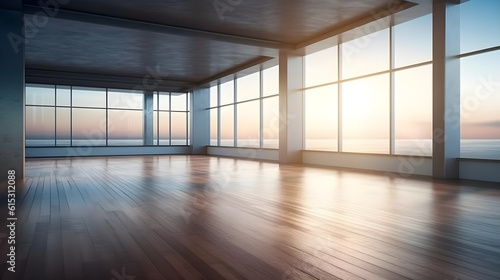 Large empty open space office or apartment loft with glass window surround it with sea view beautiful evening city sunset. Generative AI technology.