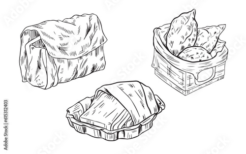 Hand-drawn vintage vector illustration - bread basket, flour bag. Doodle, sketch